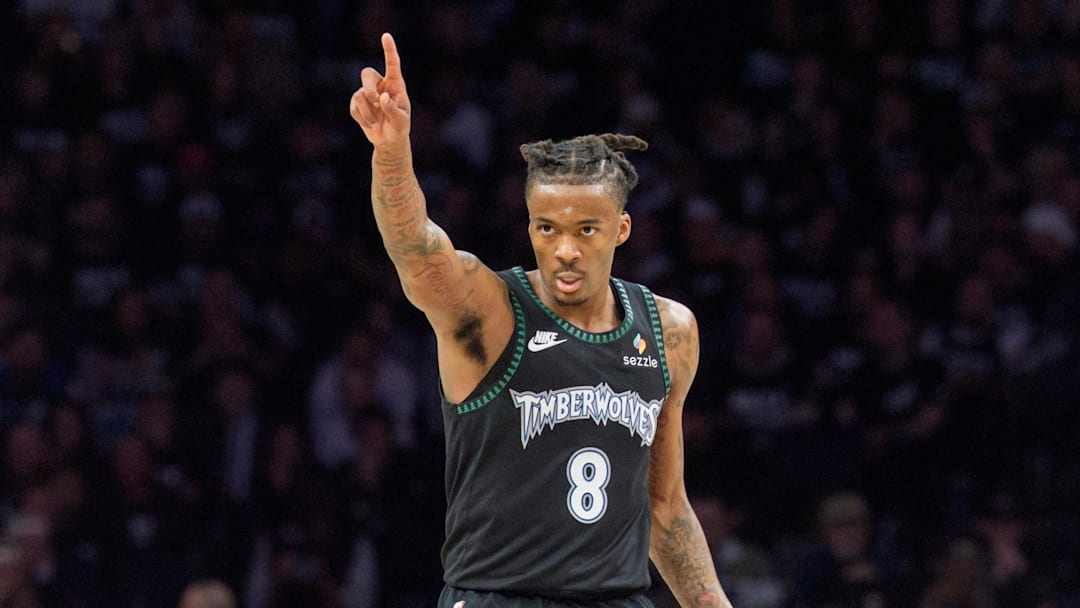 Apr 25, 2026; Minneapolis, Minnesota, USA; Minnesota Timberwolves guard Bones Hyland (8) calls a play against the Denver Nuggets in the second quarter at Target Center. Mandatory Credit: Matt Blewett-Imagn Images