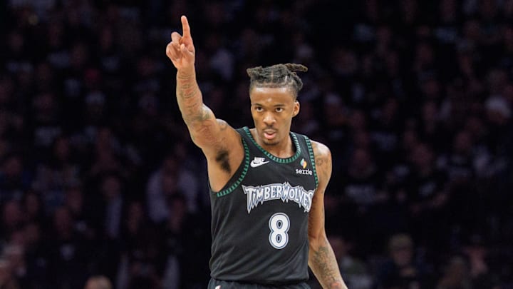 Apr 25, 2026; Minneapolis, Minnesota, USA; Minnesota Timberwolves guard Bones Hyland (8) calls a play against the Denver Nuggets in the second quarter at Target Center. Mandatory Credit: Matt Blewett-Imagn Images
