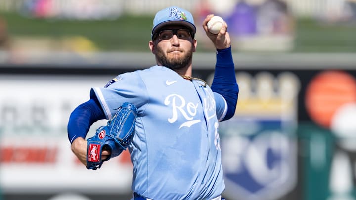 Feb 25, 2026; Surprise, Arizona, USA; Kansas City Royals pitcher Noah Cameron against the Seattle Mariners during a spring training game at Surprise Stadium. Mandatory Credit: Mark J. Rebilas-Imagn Images