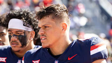 Nov 22, 2025; Tucson, Arizona, USA; Arizona Wildcats linebacker Taye Brown (6) against the Baylor Bears at Casino Del Sol Stadium. Mandatory Credit: Mark J. Rebilas-Imagn Images