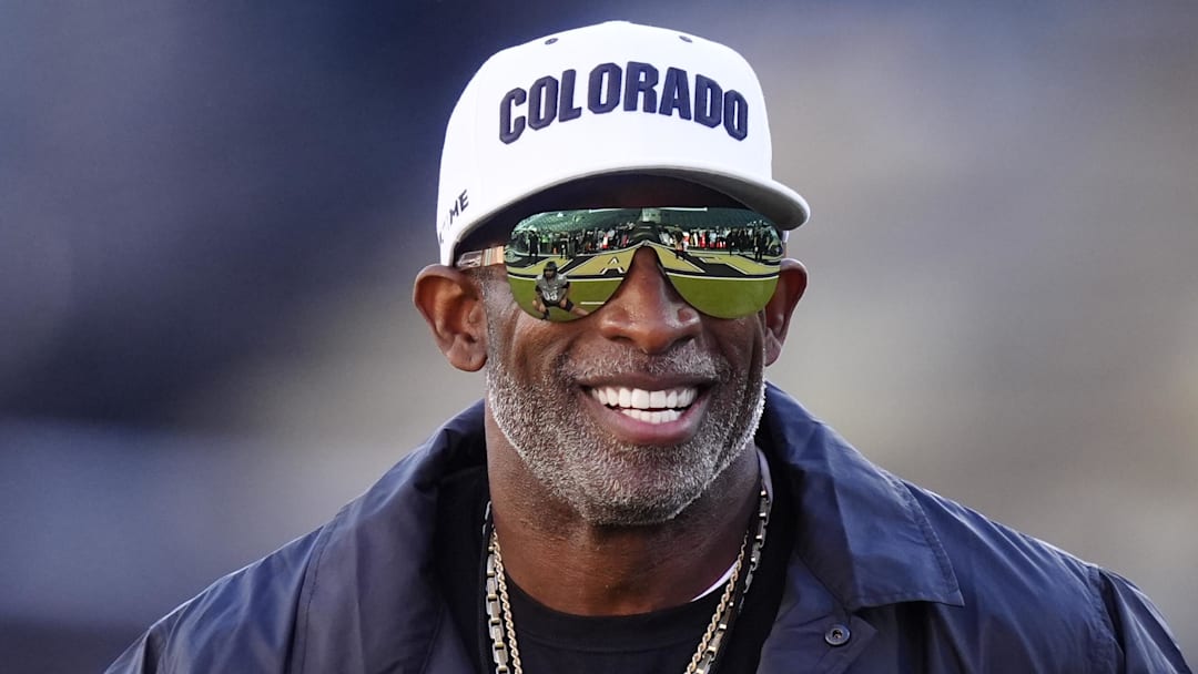 Nov 1, 2025; Boulder, Colorado, USA; Colorado Buffaloes head coach Deion Sanders before the game against the Arizona Wildcats at Folsom Field. Mandatory Credit: Ron Chenoy-Imagn Images