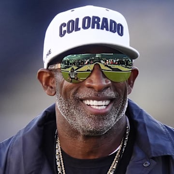 Nov 1, 2025; Boulder, Colorado, USA; Colorado Buffaloes head coach Deion Sanders before the game against the Arizona Wildcats at Folsom Field. Mandatory Credit: Ron Chenoy-Imagn Images
