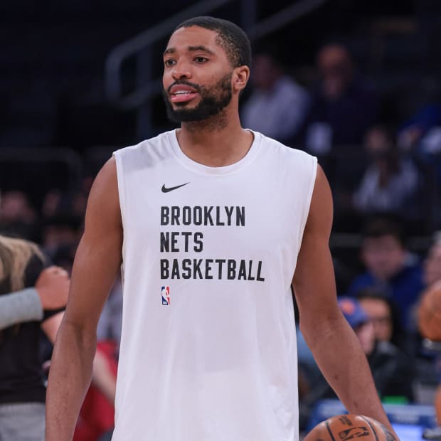 Apr 12, 2024; New York, New York, USA; Brooklyn Nets forward Mikal Bridges (1) warms up before the game against the New York Knicks at Madison Square Garden. Mandatory Credit: Vincent Carchietta-USA TODAY Sports