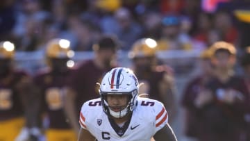 Nov 25, 2023; Tempe, Arizona, USA; Arizona Wildcats linebacker Jacob Manu (5) against the Arizona State Sun Devils during the Territorial Cup at Mountain America Stadium. Mandatory Credit: Mark J. Rebilas-USA TODAY Sports