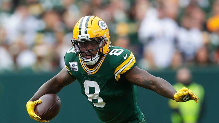 Green Bay Packers running back Josh Jacobs (8) runs the ball during a game against the Cincinnati Bengals on Oct. 12, 2025, at Lambeau Field in Green Bay, Wis. The Packers defeated the Bengals 27-18.