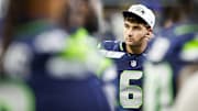 Aug 24, 2024; Seattle, Washington, USA; Seattle Seahawks quarterback Sam Howell stands on the sideline during the third quarter against the Cleveland Browns at Lumen Field. 