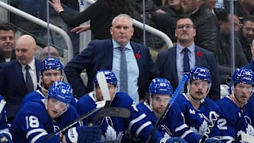 Nov 5, 2025; Toronto, Ontario, CAN; Toronto Maple Leafs head coach Craig Berube watches the play against the Utah Mammoth during the third period at Scotiabank Arena. Mandatory Credit: Nick Turchiaro-Imagn Images