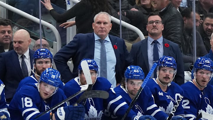 Nov 5, 2025; Toronto, Ontario, CAN; Toronto Maple Leafs head coach Craig Berube watches the play against the Utah Mammoth during the third period at Scotiabank Arena. Mandatory Credit: Nick Turchiaro-Imagn Images