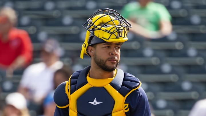 Feb 27, 2024; Tempe, Arizona, USA; Milwaukee Brewers catcher Jeferson Quero against the Los Angeles Angels during a spring training game at Tempe Diablo Stadium. Mandatory Credit: Mark J. Rebilas-USA TODAY Sports