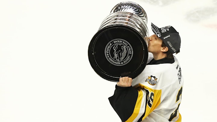 Jun 11, 2017; Nashville, TN, USA; Pittsburgh Penguins goalie Marc-Andre Fleury (29) skates with the Stanley Cup after defeating the Nashville Predators in game six of the 2017 Stanley Cup Final at Bridgestone Arena. Mandatory Credit: Aaron Doster-Imagn Images Jun 11, 2017; Nashville, TN, USA; Pittsburgh Penguins goalie Marc-Andre Fleury (29) skates with the Stanley Cup after defeating the Nashville Predators in game six of the 2017 Stanley Cup Final at Bridgestone Arena. Mandatory Credit: Aaron Doster-Imagn Images