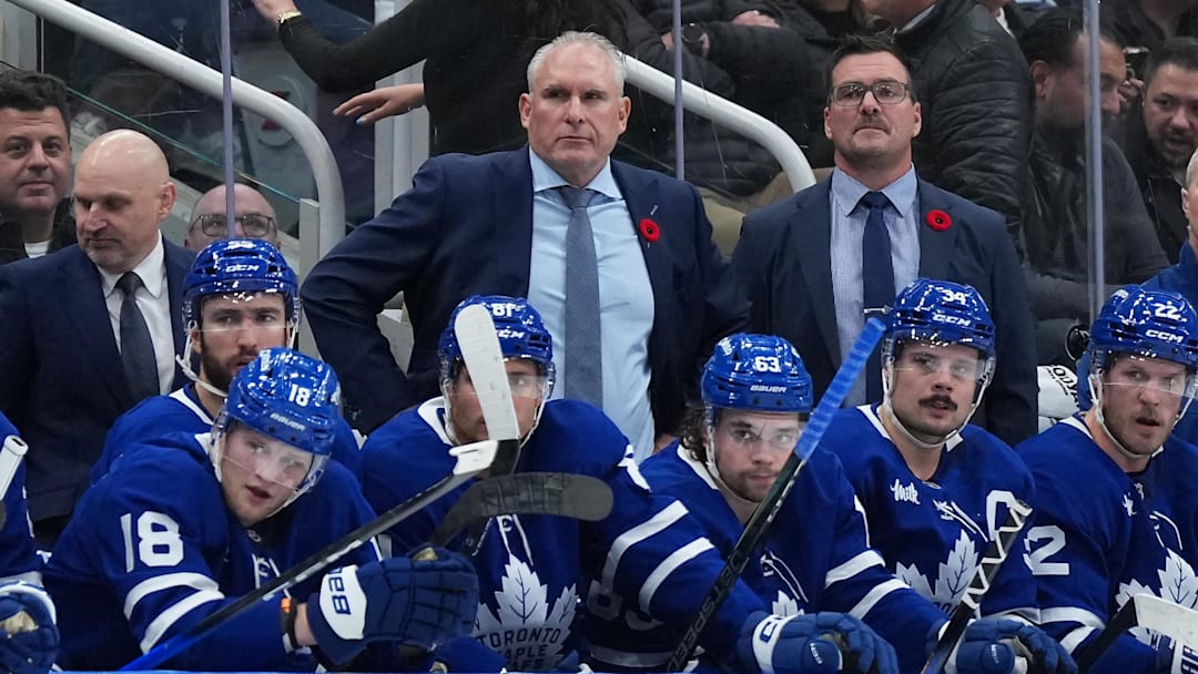 Nov 5, 2025; Toronto, Ontario, CAN; Toronto Maple Leafs head coach Craig Berube watches the play against the Utah Mammoth during the third period at Scotiabank Arena. Mandatory Credit: Nick Turchiaro-Imagn Images