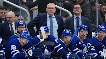 Nov 5, 2025; Toronto, Ontario, CAN; Toronto Maple Leafs head coach Craig Berube watches the play against the Utah Mammoth during the third period at Scotiabank Arena. Mandatory Credit: Nick Turchiaro-Imagn Images
