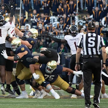 Notre Dame's last second field goal attempt is blocked to give Northern Illinois the 16-14 win in a NCAA college football game at Notre Dame Stadium on Saturday, Sept. 7, 2024, in South Bend.