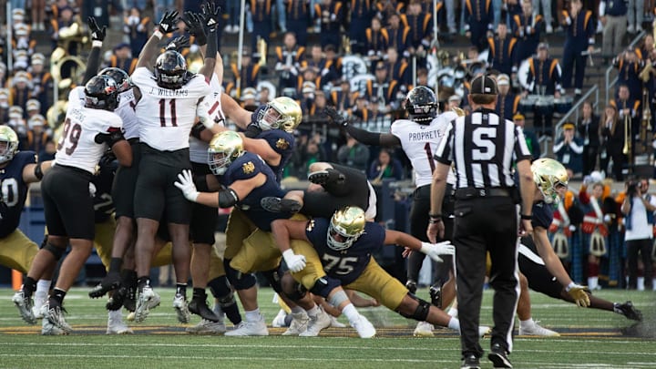 Notre Dame's last second field goal attempt is blocked to give Northern Illinois the 16-14 win in a NCAA college football game at Notre Dame Stadium on Saturday, Sept. 7, 2024, in South Bend.