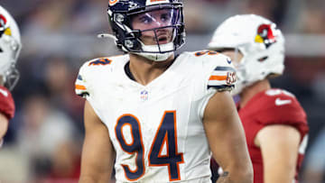 Nov 3, 2024; Glendale, Arizona, USA; Chicago Bears defensive end Austin Booker (94) against the Arizona Cardinals at State Farm Stadium. Mandatory Credit: Mark J. Rebilas-Imagn Images
