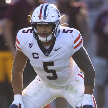 Jacob Manu (5) is shown in an Arizona uniform against Arizona State in 2023. 