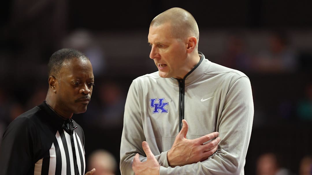 Kentucky head coach Mark Pope argues a call during the first half of a NCAA mens basketball game at Steven C. O'Connell Center Exactek arena in Gainesville, FL on Saturday, February 14, 2026. [Alan Youngblood/Gainesville Sun]
