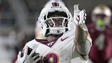 Nov 15, 2025; Tallahassee, Florida, USA; Virginia Tech Hokies running back Terion Stewart (8) celebrates a first down during the first half against the Florida State Seminoles at Doak S. Campbell Stadium. Mandatory Credit: Melina Myers-Imagn Images