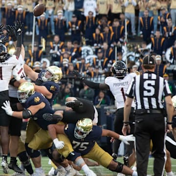 Notre Dame's last second field goal attempt is blocked to give Northern Illinois the 16-14 win in a NCAA college football game at Notre Dame Stadium on Saturday, Sept. 7, 2024, in South Bend.