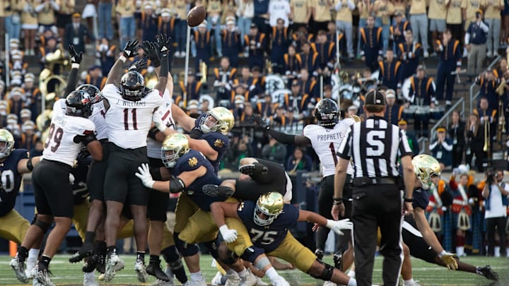 Notre Dame's last second field goal attempt is blocked to give Northern Illinois the 16-14 win in a NCAA college football game at Notre Dame Stadium on Saturday, Sept. 7, 2024, in South Bend.