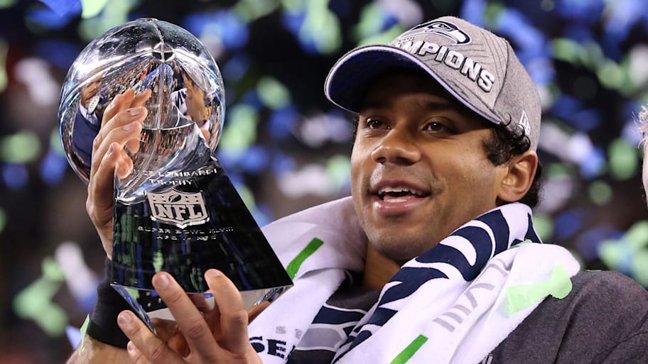 Seattle Seahawks quarterback Russell Wilson celebrates after winning Super Bowl XLVIII against the Denver Broncos