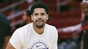 Oct 24, 2025; Houston, Texas, USA; Detroit Pistons forward Tobias Harris (12) warms up before the game against the Houston Rockets at Toyota Center. Mandatory Credit: Troy Taormina-Imagn Images