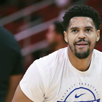 Oct 24, 2025; Houston, Texas, USA; Detroit Pistons forward Tobias Harris (12) warms up before the game against the Houston Rockets at Toyota Center. Mandatory Credit: Troy Taormina-Imagn Images