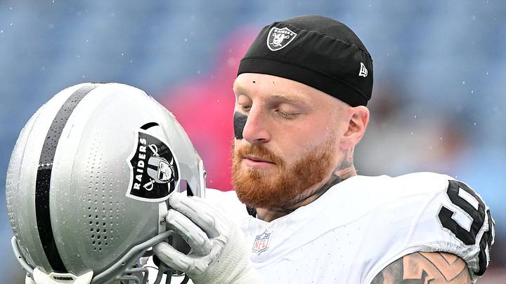 Sep 7, 2025; Foxborough, Massachusetts, USA; Las Vegas Raiders defensive end Maxx Crosby (98) practices before the game against the New England Patriots at Gillette Stadium. Mandatory Credit: Brian Fluharty-Imagn Images
