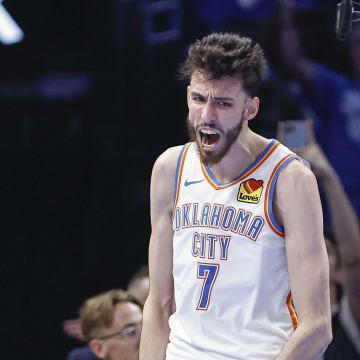 May 7, 2024; Oklahoma City, Oklahoma, USA; Oklahoma City Thunder forward Chet Holmgren (7) celebrates after a basket against the Dallas Mavericks during the second half of game one of the second round for the 2024 NBA playoffs at Paycom Center. Mandatory Credit: Alonzo Adams-USA TODAY Sports