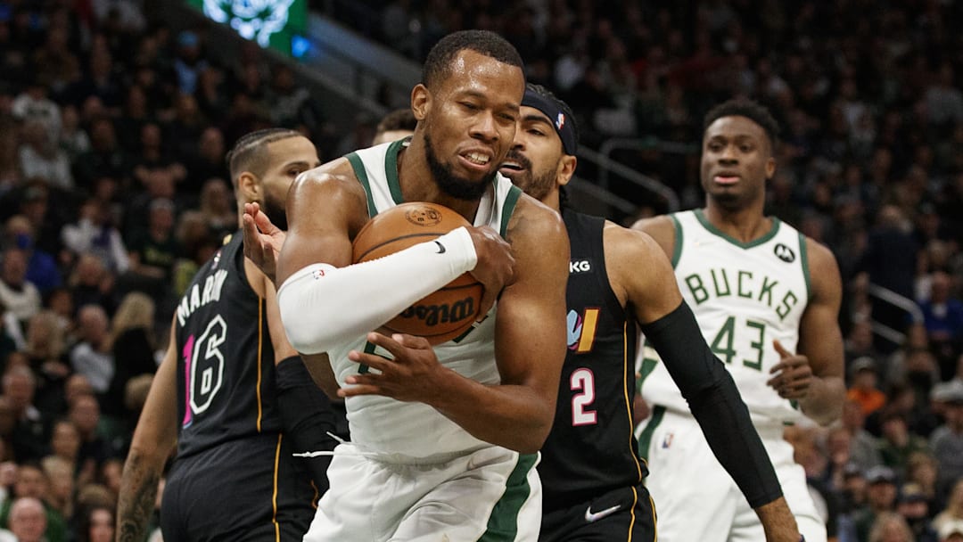 Dec 4, 2021; Milwaukee, Wisconsin, USA;  Milwaukee Bucks guard Javonte Smart (6) grabs a rebound against the Miami Heat during the first quarter at Fiserv Forum. Mandatory Credit: Jeff Hanisch-Imagn Images
