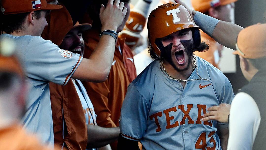 Texas’ Aiden Robbins (43) celebrates with teammates after hitting his second home run of the game against Vanderbilt during the fourth inning of a NCAA baseball game at Hawkins Field on Friday, April 24, 2026, in Nashville, Tenn.