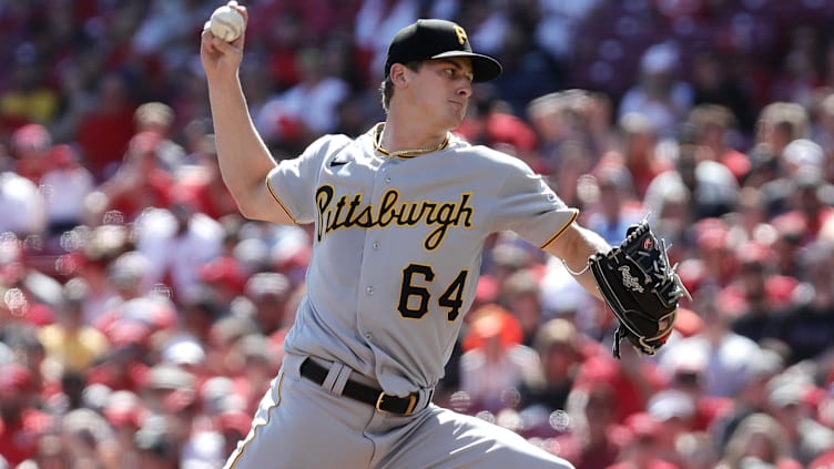 Sep 24, 2023; Cincinnati, Ohio, USA; Pittsburgh Pirates starting pitcher Quinn Priester (64) throws