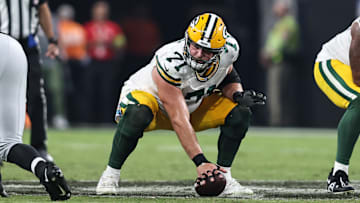Center Josh Myers during a matchup between the Green Bay Packers and Las Vegas Raiders