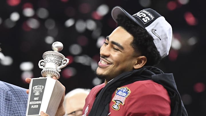 Dec 31, 2022; New Orleans, LA, USA;  Alabama quarterback Bryce Young (9) carries away the MVP trophy after throwing five touchdown passes during the 2022 Sugar Bowl at Caesars Superdome. Alabama defeated Kansas State 45-20.