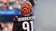 Oct 26, 2025; Cincinnati, Ohio, USA; Cincinnati Bengals defensive end Trey Hendrickson (91) runs out to the field before the game against the New York Jets at Paycor Stadium. Mandatory Credit: Katie Stratman-Imagn Images