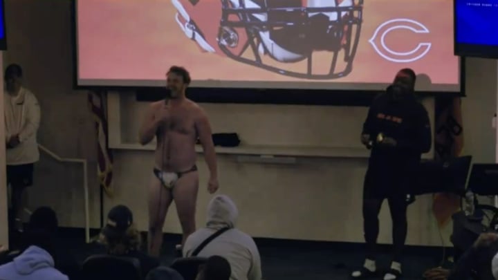 Rookie Theo Benedet performs at the Chicago Bears rookie talent show.