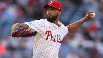 Apr 30, 2025; Philadelphia, Pennsylvania, USA; Philadelphia Phillies pitcher Cristopher Sanchez (61) pitches against the Washington Nationals during the first inning at Citizens Bank Park