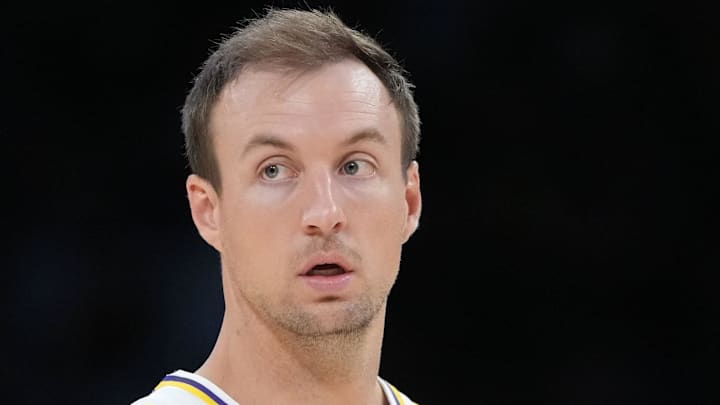 Mar 8, 2026; Los Angeles, California, USA; Los Angeles Lakers guard Luke Kennard (10) reacts against the New York Knicks in the second half at Crypto.com Arena. Mandatory Credit: Kirby Lee-Imagn Images
