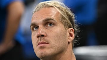 Detroit Lions linebacker Alex Anzalone (34) watches the action from the bench during preseason game against Dolphins