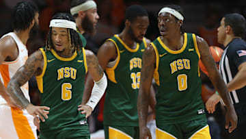Jan 2, 2024; Knoxville, Tennessee, USA; Norfolk State Spartans guard Jamarii Thomas (6) and guard Christian Ings (0) during the second half against the Tennessee Volunteers at Thompson-Boling Arena at Food City Center. Mandatory Credit: Randy Sartin-Imagn Images