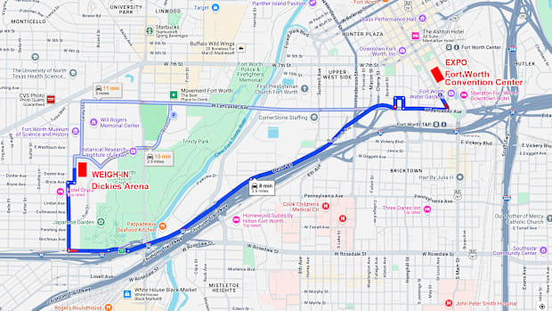 A map showing the Expo at the Fort Worth Convention Center and the weigh-ins at the Dickies Arena. 
