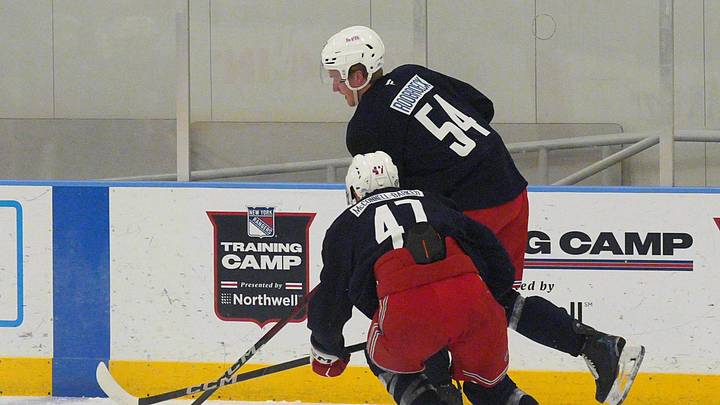 NY Rangers prospect Bryce McConnell-Barker and Dylan Roobroeck at development camp at the MSG Training Center in Tarrytown July 1, 2025.