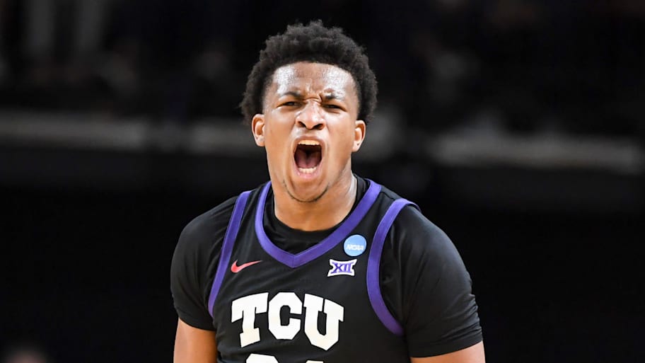 TCU Horned Frogs forward Xavier Edmonds celebrates after scoring against Ohio State in the NCAA tournament.