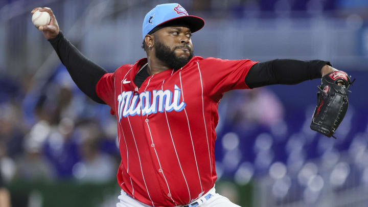 Jul 22, 2023; Miami, Florida, USA; Miami Marlins starting pitcher Johnny Cueto (47) pitches against the Colorado Rockies during the first inning at loanDepot Park. Mandatory Credit: Sam Navarro-USA TODAY Sports