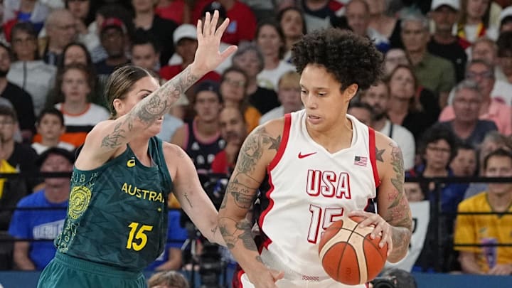 Aug 9, 2024; Paris, France; United States centre Brittney Griner (15) in action against Australia forward Cayla George (15) in a women's basketball semifinal game during the Paris 2024 Olympic Summer Games at Accor Arena. Mandatory Credit: Sarah Phipps-Imagn Images
