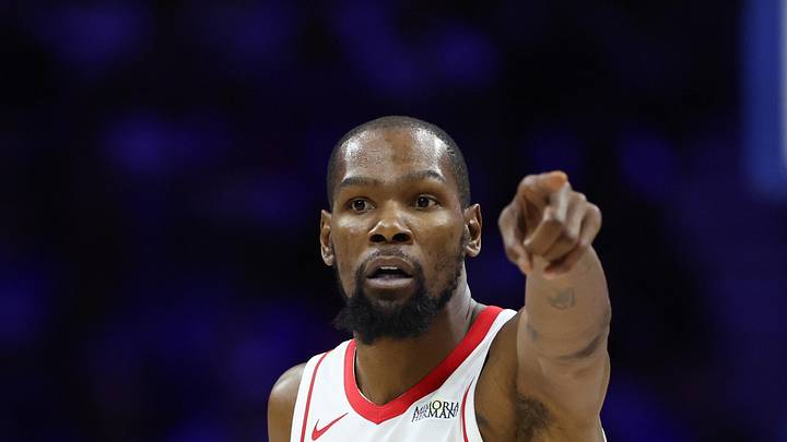 Kevin Durant (7) reacts during the fourth quarter against the Philadelphia 76ers at Xfinity Mobile Arena