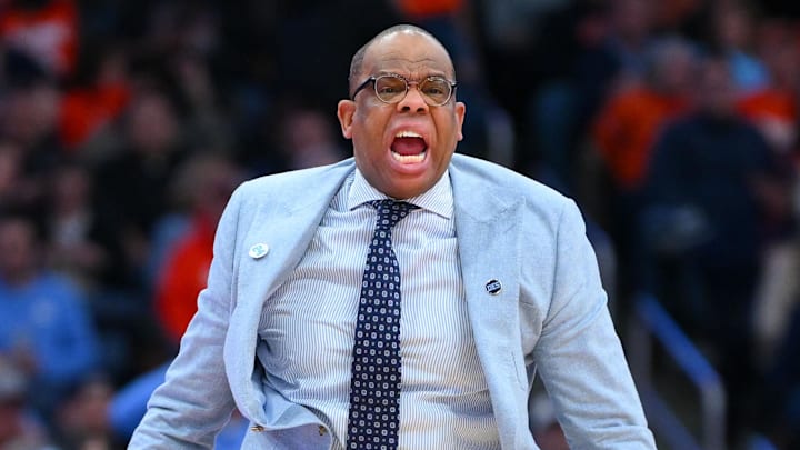 Feb 21, 2026; Syracuse, New York, USA; North Carolina Tar Heels head coach Hubert Davis reacts during the second half against the Syracuse Orange at the JMA Wireless Dome. Mandatory Credit: Rich Barnes-Imagn Images