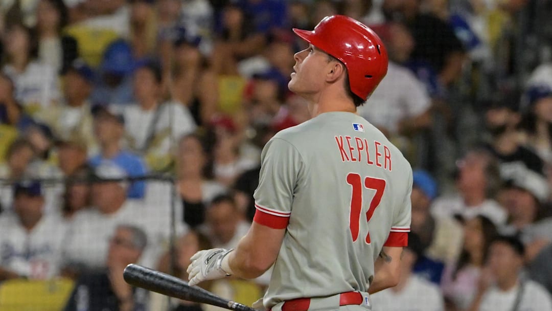 Sep 16, 2025; Los Angeles, California, USA;  Philadelphia Phillies left fielder Max Kepler (17) hits a solo home run during the seventh inning against the Los Angeles Dodgers at Dodger Stadium. Mandatory Credit: Jayne Kamin-Oncea-Imagn Images