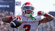 Fresno State Bulldogs wide receiver Erik Brooks (3) celebrates after scoring a touchdown during the NCAA football game against the Purdue Boilermakers, Saturday, Sept. 2, 2023, at Ross-Ade Stadium in West Lafayette, Ind. Fresno State Bulldogs won 39-35.
