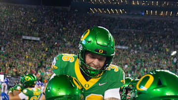 Oregon’s Atticus Sappington celebrates after kicking a game winning field goal against Boise State in the final seconds of the game at Autzen Stadium in Eugene Sept. 7, 2024